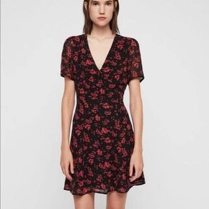 ALL SAINTS - Luca Eira Black Red Hand Drawn Floral Print Mini Dress V-Neck Sz 2
